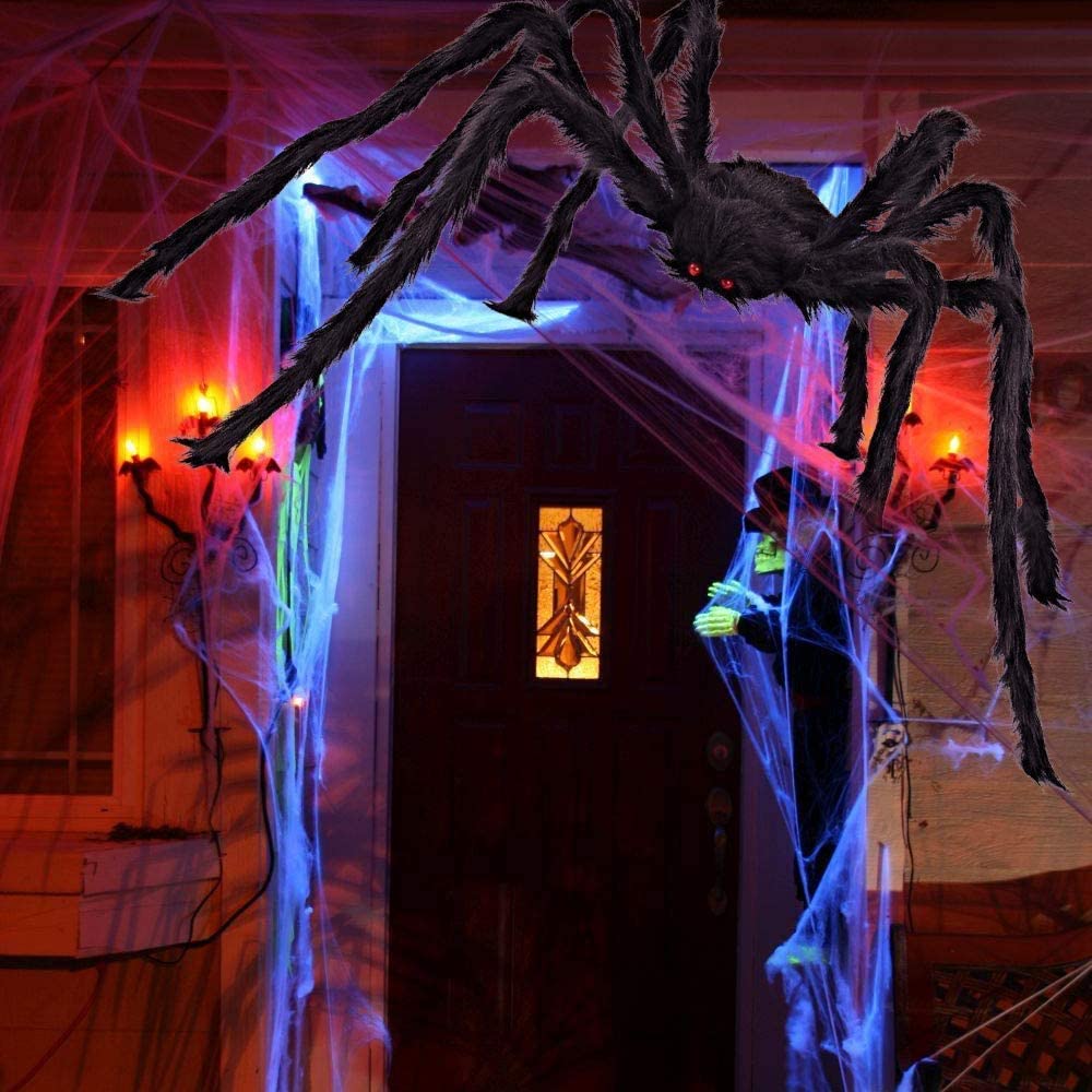 iZoeL Giant Spider 6.6ft - 200cm, Spider Web 23ft - 700cm, 30pcs Plastic Spiders, 30g Cobweb - Halloween Decorations Triangular Cobweb for Indoor Outdoor Home Yard Haunted House (Black, 200)