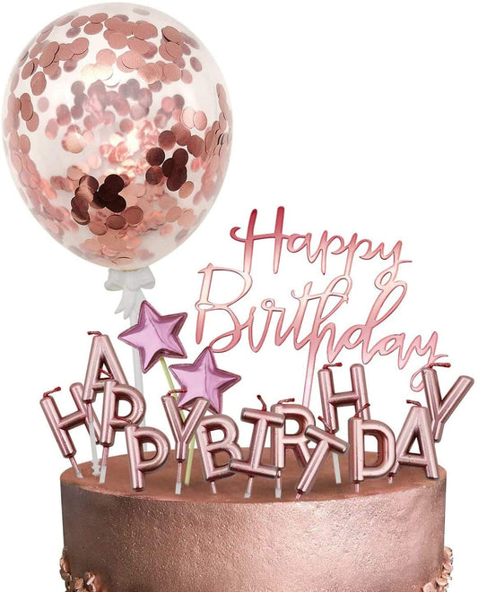 iZoeL Rose Gold Cake Decoration Rose Gold Happy Birthday Candles Happy Birthday Banner Confetti Balloon Stars Cake Topper For Rose Gold Theme Party Decor Girl Kid Women Birthday Party Baby Shower