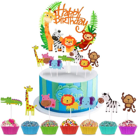 iZoeL Animal Cake Topper, 1pcs Zoo Animal Happy Birthday Banner, 35 Animal Cupcake Topper for Kid Birthday Party Decoration, Jungle Safari Theme Party (Green)
