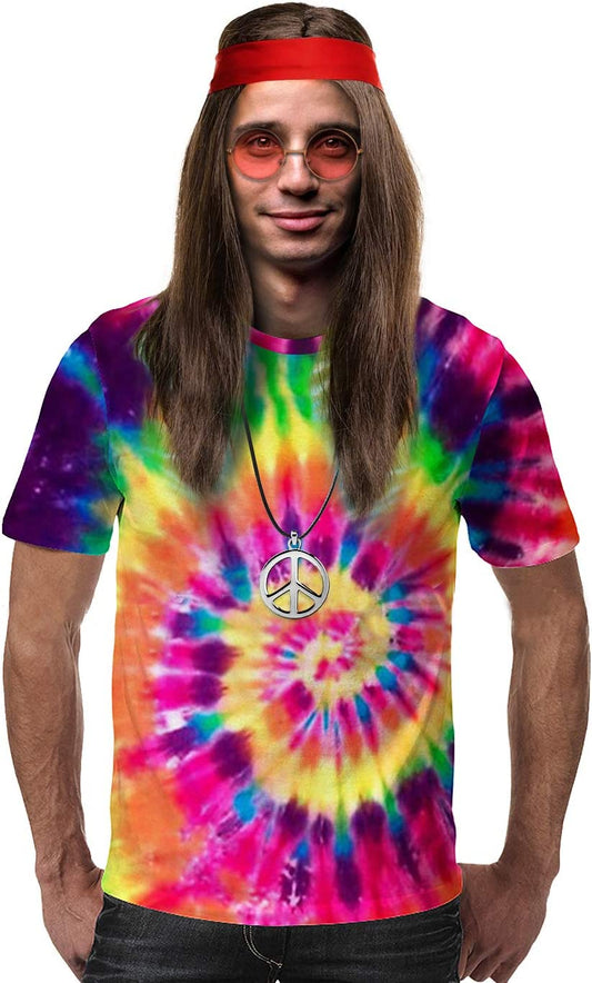 iZoeL Hippie Costumes Clothes for Men Halloween Costumes Women - Hippie T-Shirt Hippie Wig Sunglasses Peace Necklace Headband - 80s Accessories 70s Fancy Dress Disco 80s Night Festival