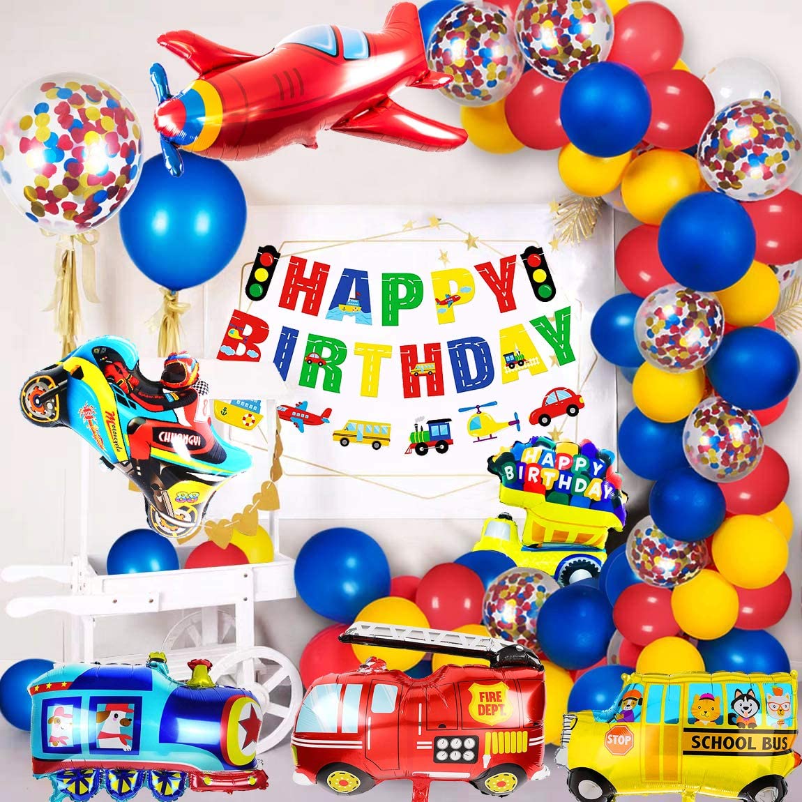 iZoeL Birthday Decoration for boys Happy Birthday Banner Cars School Bus Train Fire Truck Motorcycle Plane Balloons Transport Vehicles Cake Topper Kids 1st 2nd 3rd 4th