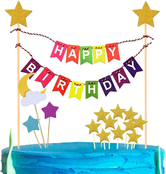 iZoeL Rainbow Cake Decorations, Happy Birthday Cake Topper Bunting Banner, Rainbow Moon Gold Star Cupcake Topper for Boy Girl Kid Birthday Baby Shower Party Decoration (multicoloured)