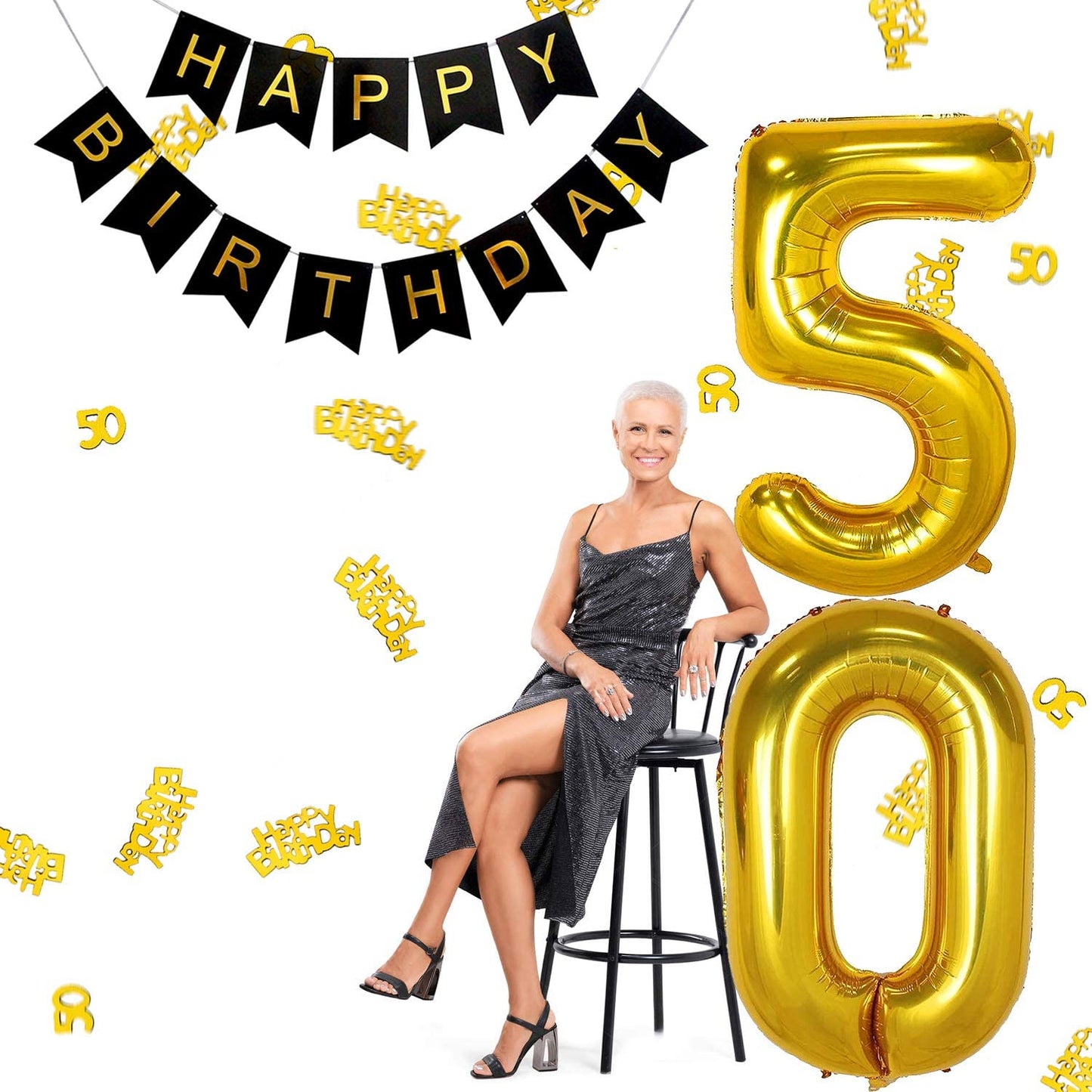 iZoeL 50th Black Gold Birthday Party Decoration, Happy Birthday Banner, Helium Number 50 XXL, 2 Gold Fringe Curtain, Latex Confetti Balloon, Table Confetti