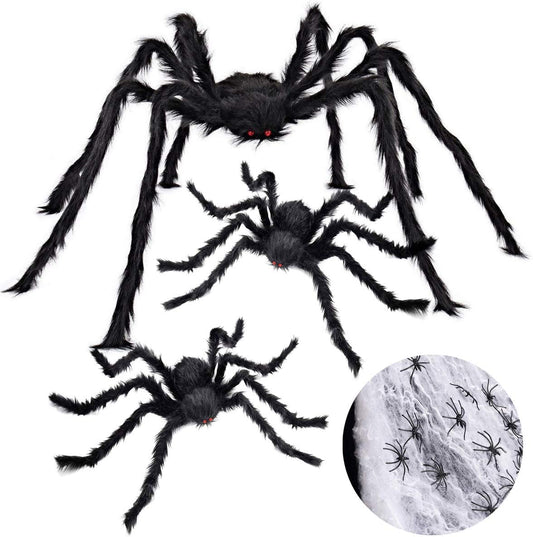 iZoeL Halloween 200cm Giant Spider 75cm Middle Spiders, 40g Spider Cobweb, 30pcs Plastic Spiders, Creepy Fake Spiders Prop Party Supplies for Outdoor Indoor Yard Home Party Decorations (Black)