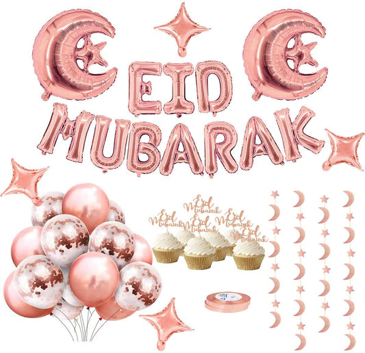 iZoeL EID Mubarak Decorations for Home Eid Decorations UK, Eid Mubarak Balloons Mubarak Banner Eid Cake Topper Moon Star Garland Eid Balloons for Home Restaurant Garden - Rose Gold