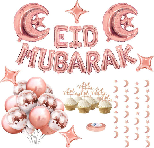 iZoeL EID Mubarak Decorations for Home Eid Decorations UK, Eid Mubarak Balloons Mubarak Banner Eid Cake Topper Moon Star Garland Eid Balloons for Home Restaurant Garden - Rose Gold