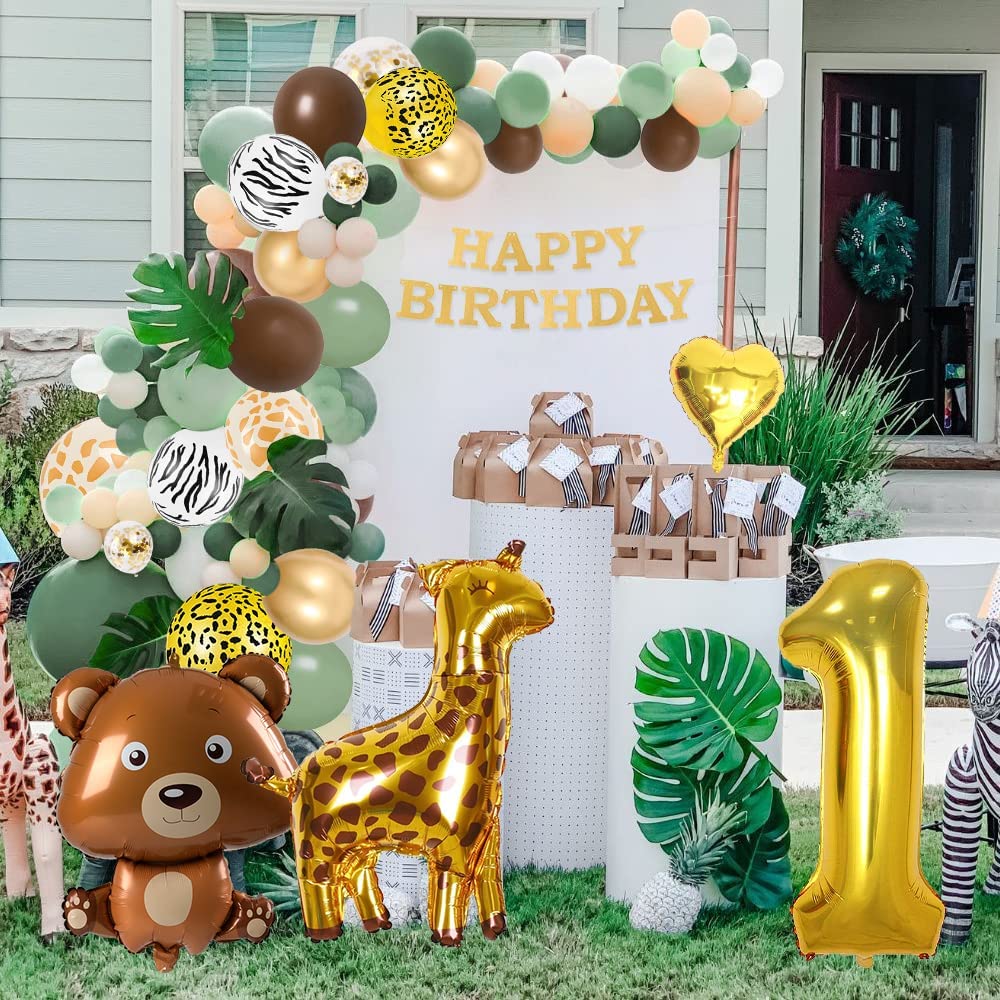 iZoeL 1st Birthday Decorations for Baby Girls Boys 1st Birthday Banner Balloons, Sage Green Balloon Arch Kit, Giraffe Bear Balloons Wild Tablecloth 1st Cake Topper Wild One Animal Birthday Party