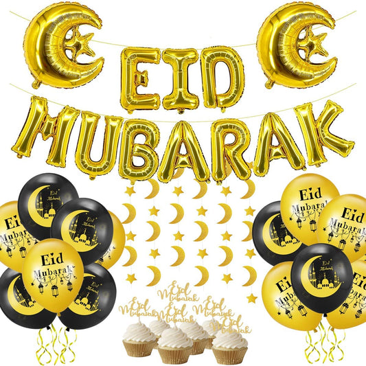 iZoeL EID Mubarak Decorations for Home Eid Decorations UK, Eid Mubarak Balloons Mubarak Banner Eid Cake Topper Moon Star Garland Eid Balloons for Home Restaurant Garden - Black Gold