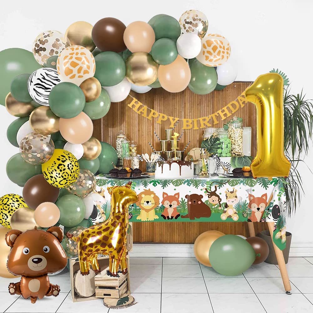 iZoeL 1st Birthday Decorations for Baby Girls Boys 1st Birthday Banner Balloons, Sage Green Balloon Arch Kit, Giraffe Bear Balloons Wild Tablecloth 1st Cake Topper Wild One Animal Birthday Party