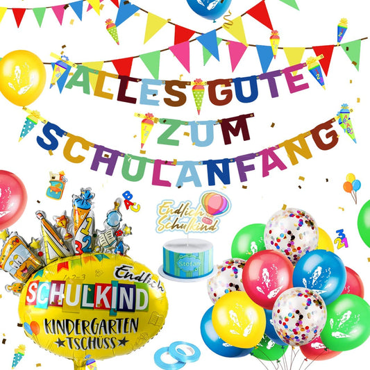 iZoeL Decorative First Day of School Boy Bunting "Alles Gute zum Schulanfang" Banner Foil Balloon Cake Decoration School Cone Craft Set Confetti Girls
