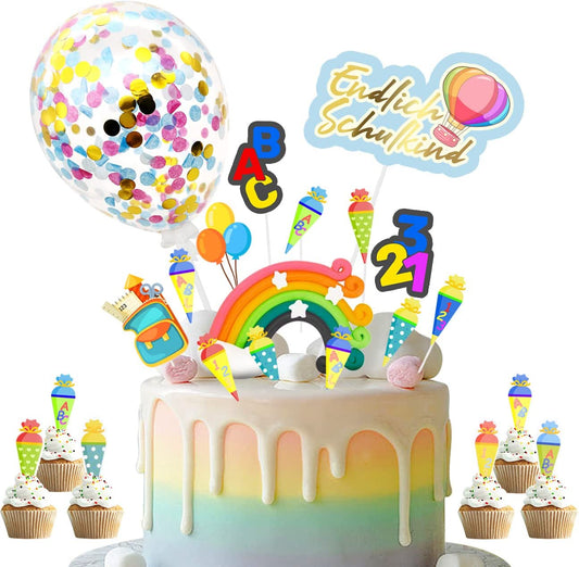iZoeL Cake Decoration School Child School Cake Decoration Finally School Child Cake Topper Rainbow Confetti Balloon ABC 123 Cupcake Muffin Decoration for Girls Boys (Multicoloured School Child)