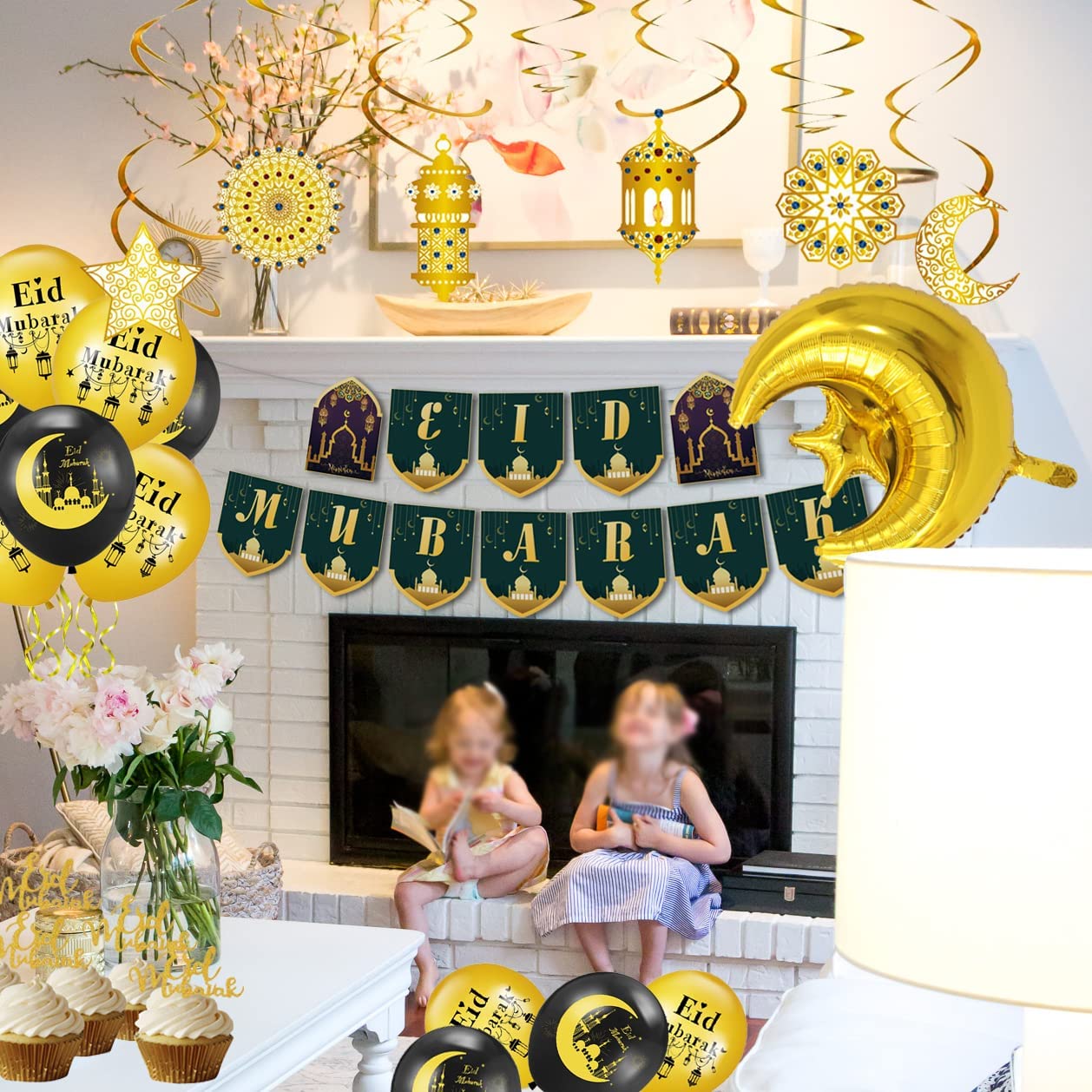 iZoeL EID Mubarak Decorations for Home Eid Decorations UK, Eid Mubarak Balloons Mubarak Banner Eid Cake Topper Moon Star Garland Eid Hanging Swirls for Home Restaurant Garden Decor