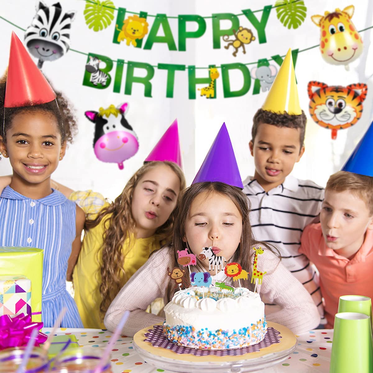 iZoeL Jungle Animals Birthday Party Decorations for Boys Kids Girls, Happy Birthday Banner Animal Balloon Latex Balloons Animal Cake Toppers for 1st 2nd 3rd 4th 5th 6th 7th Jungle Themed Party