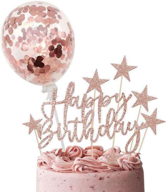iZoeL Rose Gold Cake Decoration Confetti Balloon Cake Topper 5inch for Women Girls Rose Gold Happy Birthday Banner Stars Heart Cupcake Topper (rose gold)