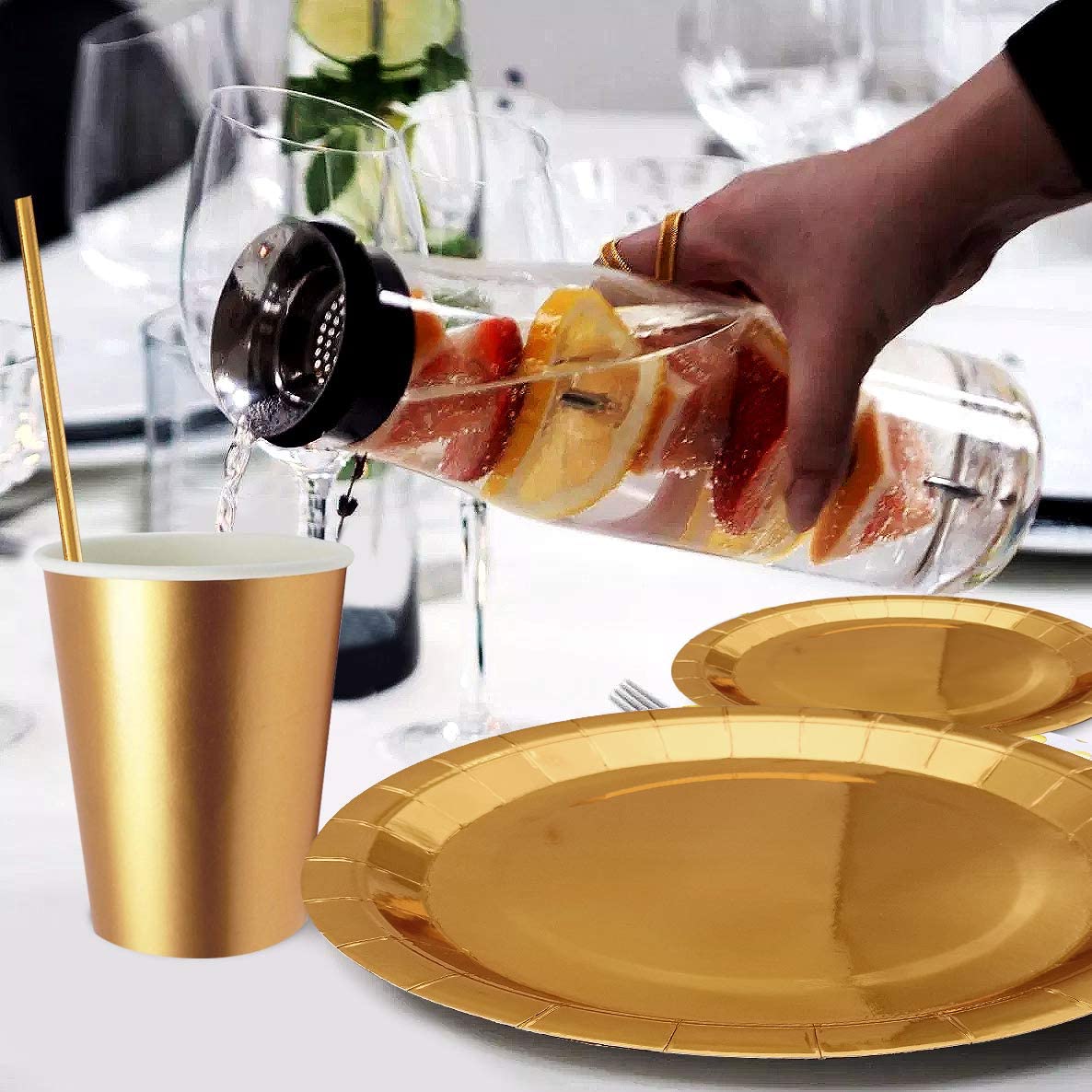 iZoeL Gold Party Tableware Gold Dinnerware Foil Tablecloth Paper Plates Napkins Popcorn Boxes Cups Straws Party Supplies for Birthday Bridal Wedding Anniversary 30 Guest