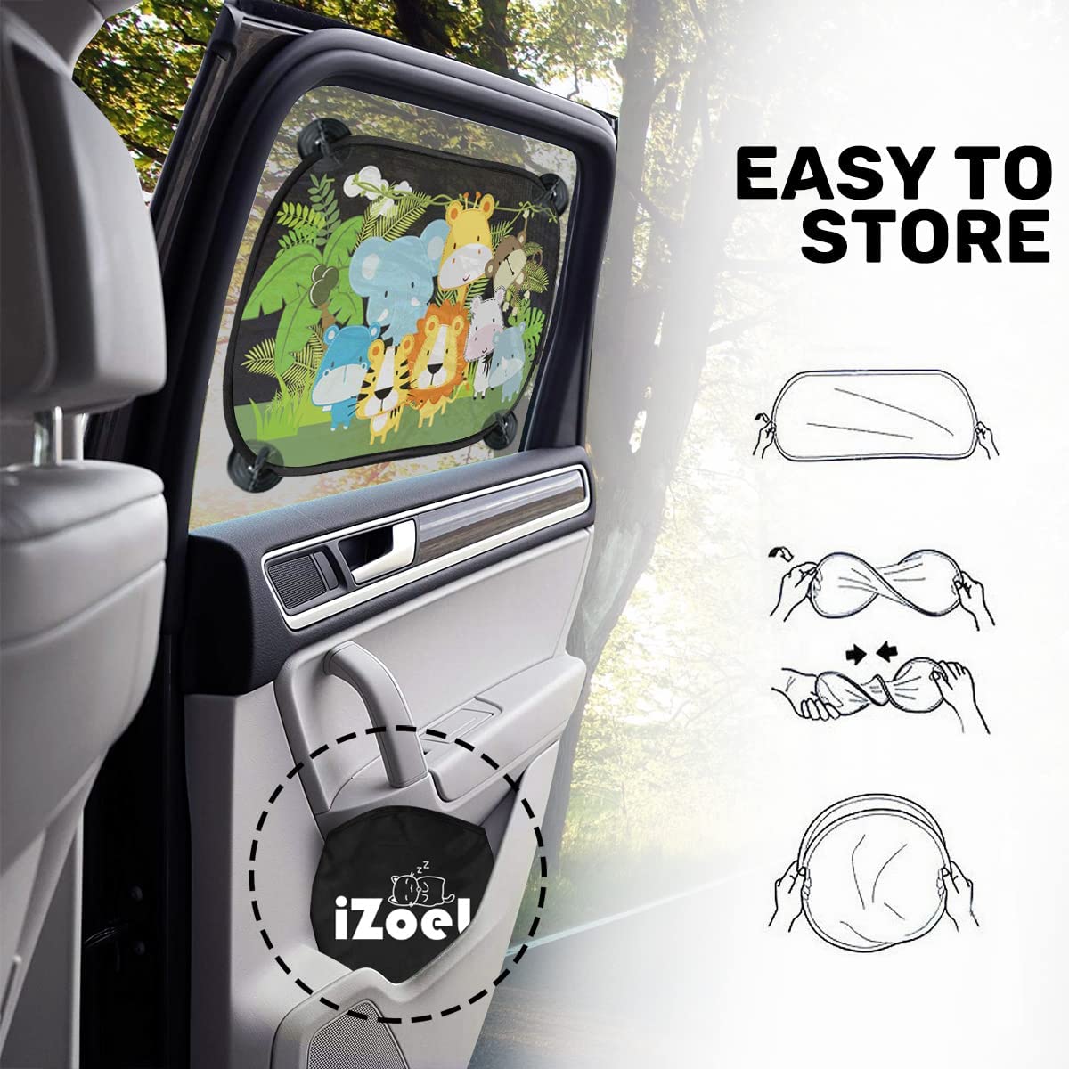 iZoeL Baby Sun Shade with UV Protection, Pack of 2 Sun Visors for Children with 8 Suction Cups, Shade Car Window Side Window Motif Animals (Jungle)