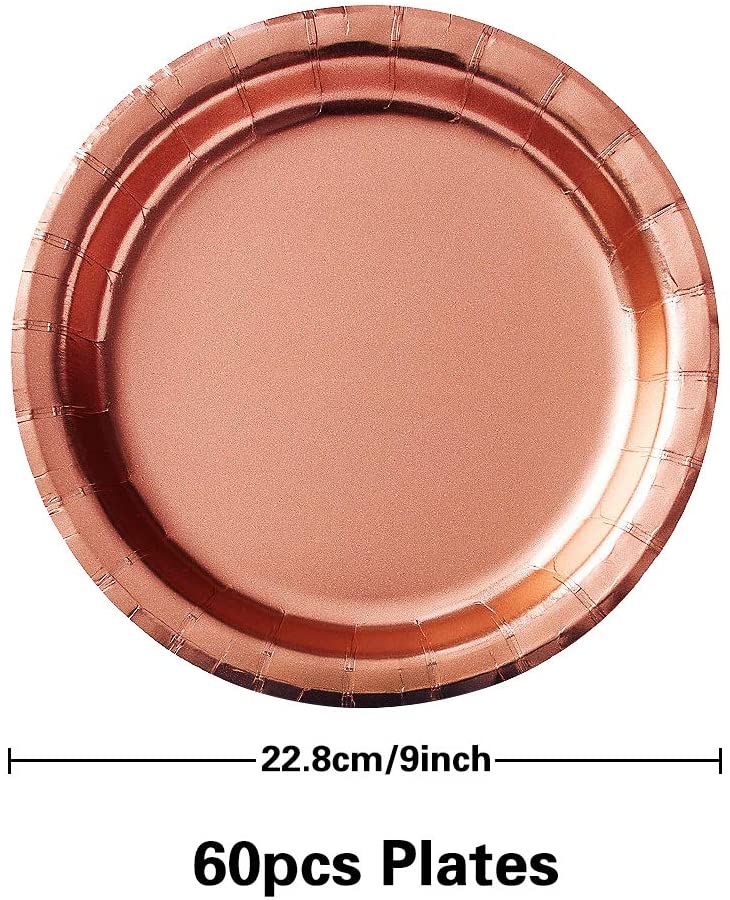 iZoeL 60pcs 9 Inches Rose Gold Paper Plates (22.8cm), Rose Gold Party Tableware Set for Wedding Anniversary Birthday Party Decorations for 60 Guests