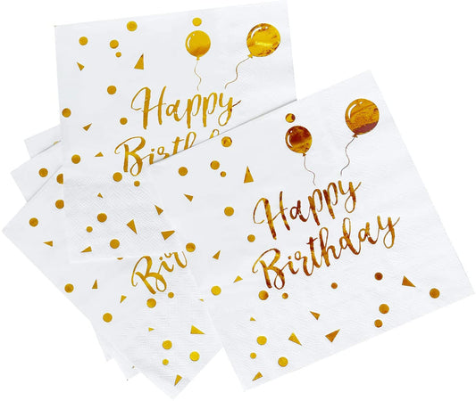 iZoeL Gold Napkins Happy Birthday Napkins 50pcs, Paper Napkin folding 3 Layers Disposable Tableware Dinnerware for Anniversary Dinner Lunch Mans Birthday Party Decoration cocktail Supplies