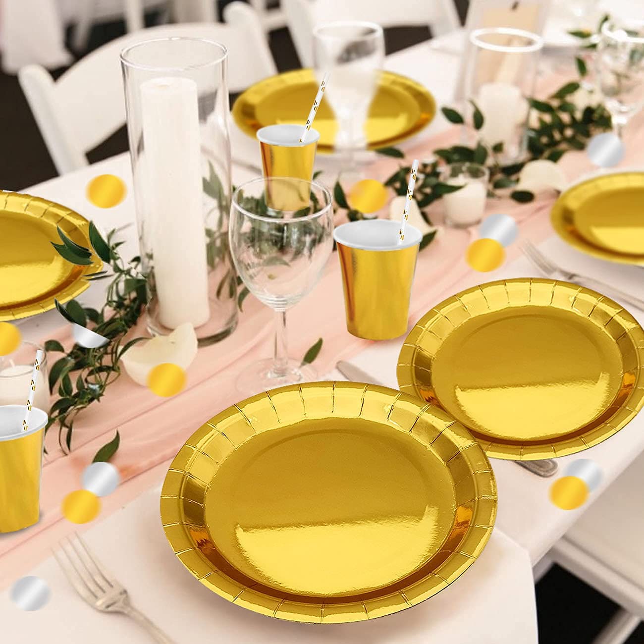 iZoeL Gold Party Decorations Supplies for 16Guests Tableware Bunting Curtain Tablecloth Plates Napkins Cups Straws Balloon Birthday Wedding Hen Party Anniversary