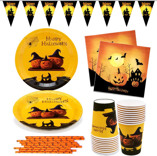 iZoeL Halloween Tableware for 20Guests Pumpkin Witches Banner Paper Plates Napkins Cups Straws - Disposable Dinnerware for Halloween Party Decorations Supplies