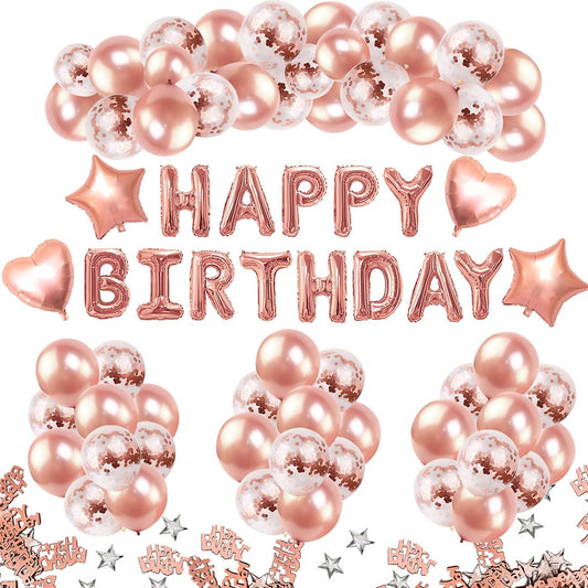 iZoeL Rose Gold Birthday Decoration for Girls Women, 13pcs Happy Birthday Banner Balloons, 6pcs Heart Star, 50pcs Latex Confetti Balloons Ribbons 10g Table Confetti Anniversary Party Accessories