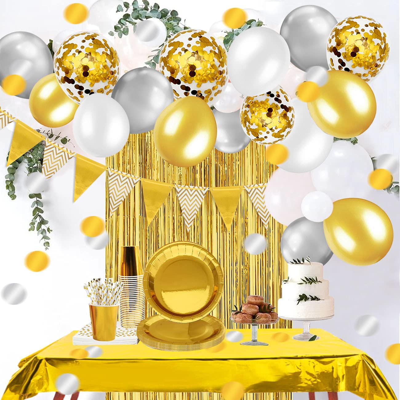 iZoeL Gold Party Decorations Supplies for 16Guests Tableware Bunting Curtain Tablecloth Plates Napkins Cups Straws Balloon Birthday Wedding Hen Party Anniversary