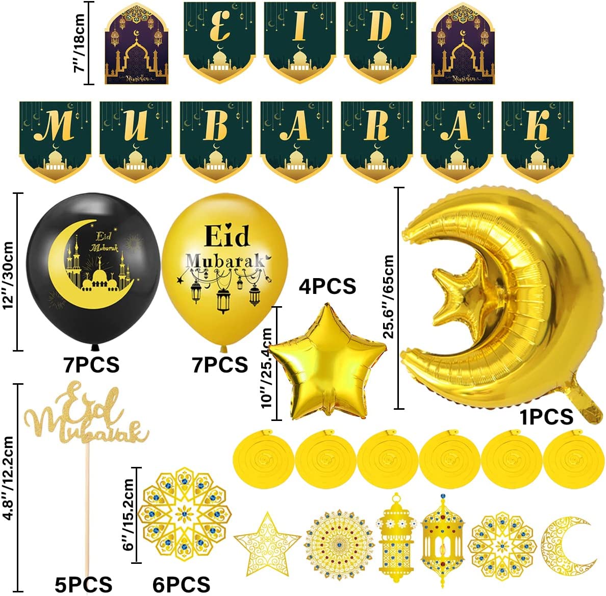 iZoeL EID Mubarak Decorations for Home Eid Decorations UK, Eid Mubarak Balloons Mubarak Banner Eid Cake Topper Moon Star Garland Eid Hanging Swirls for Home Restaurant Garden Decor
