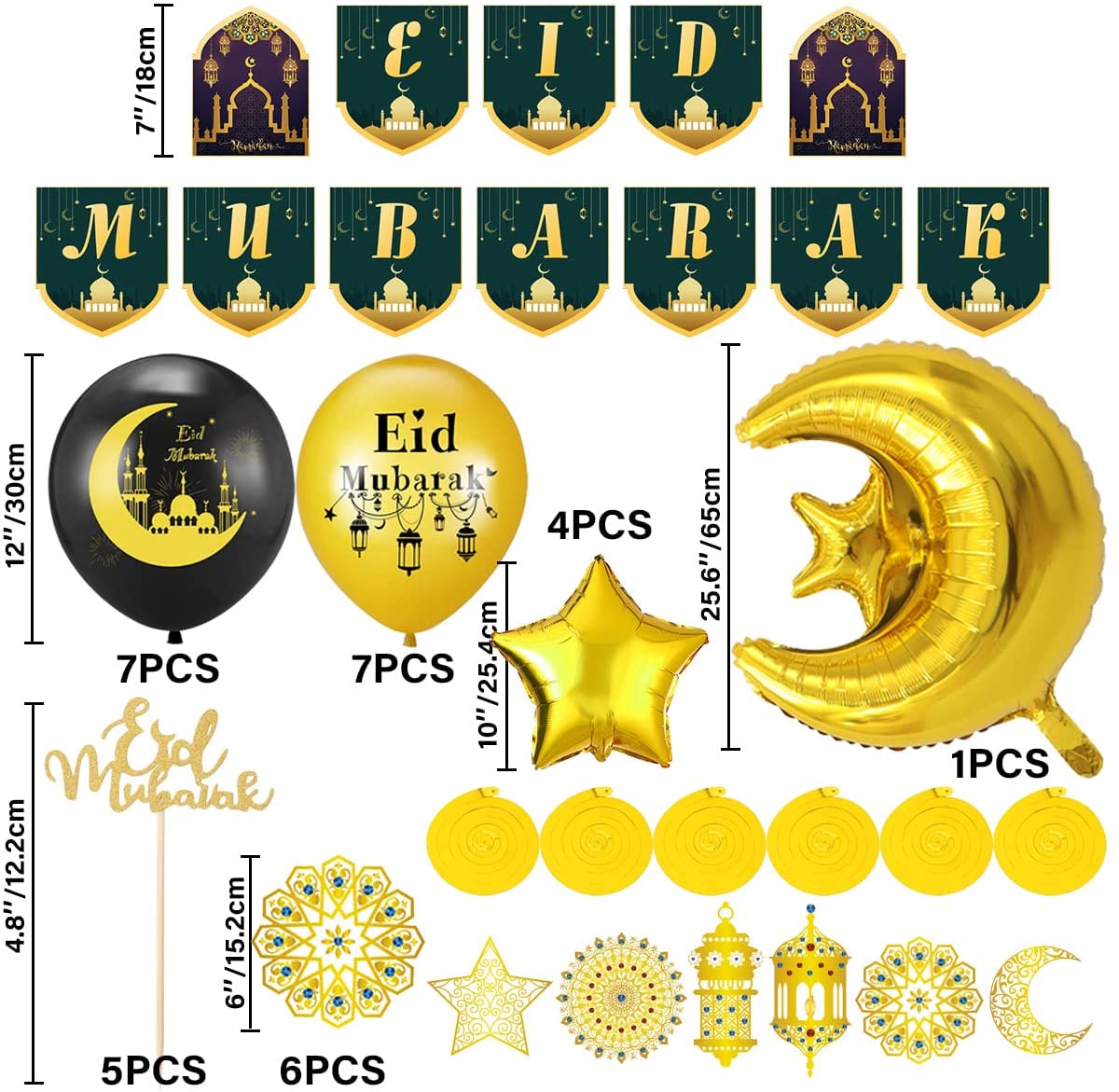 iZoeL EID Mubarak Decorations for Home Eid Decorations UK, Eid Mubarak Balloons Mubarak Banner Eid Cake Topper Moon Star Garland Eid Hanging Swirls for Home Restaurant Garden Decor