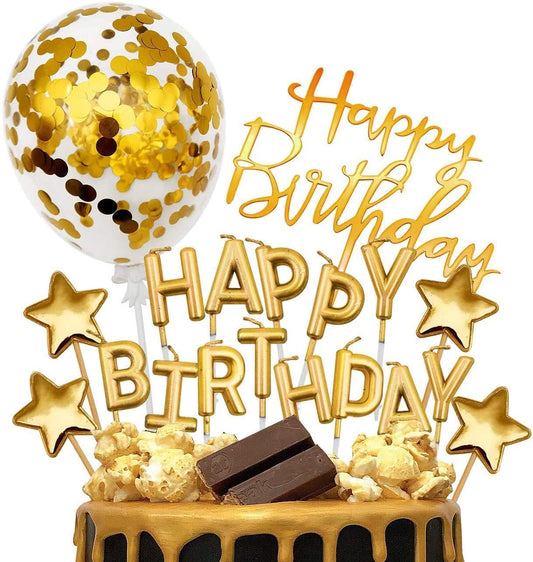 iZoeL Gold Cake Topper Gold Cake Decorations, Happy Birthday Candles, Stars Confetti Balloon Cake Topper for Men Women Girls Boys Kids Birthday Party