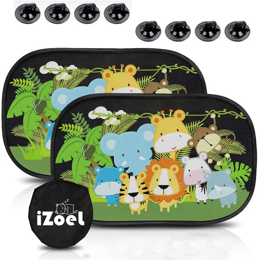 iZoeL Car Sun Shade for Baby Kids 2 Pack Static Cling Side Window Car 80GSM Animals Cars Rear Sunshades Universal with 8 Suction Cups and Storage Bag - Sun Glare and UV Rays Protection