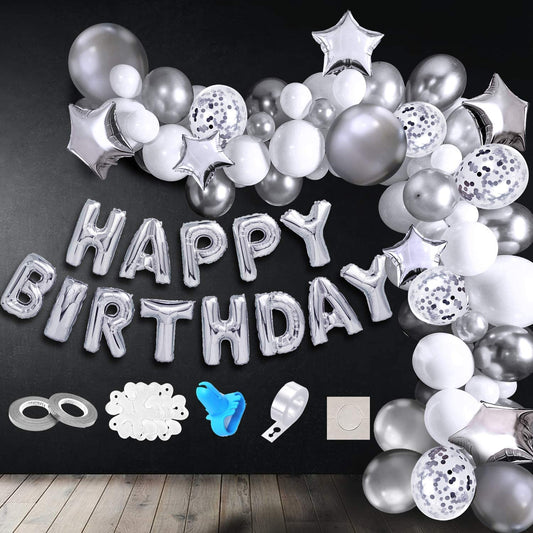 iZoeL Silver Birthday Party Decoration Silver Balloon Arch Garland Kit 113pcs Happy Birthday Banner Latex Confetti Foil Balloon Tape Strips Tie Tools Flower Clips Kid Boy Girl Man Woman