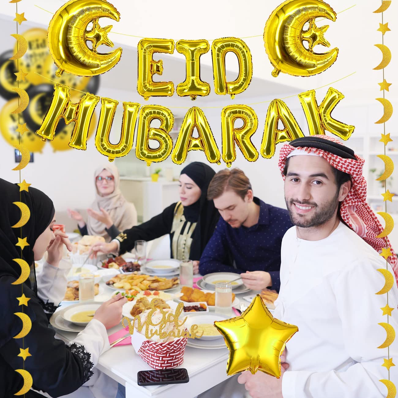 iZoeL EID Mubarak Decorations for Home Eid Decorations UK, Eid Mubarak Balloons Mubarak Banner Eid Cake Topper Moon Star Garland Eid Balloons for Home Restaurant Garden - Black Gold