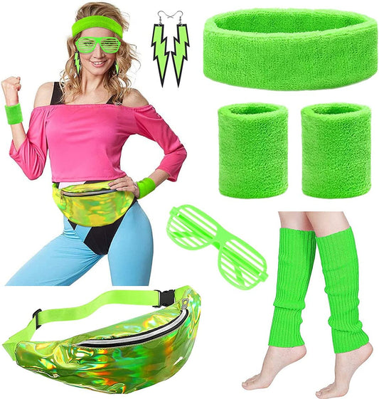 iZoeL 80s Fancy Dress for Women 80s Accessories Halloween Costumes for Kids 80s Outfits for Girls - Waist Packs Headband Wristbands Leg Warmers - Neon 80s Fun Run Teams
