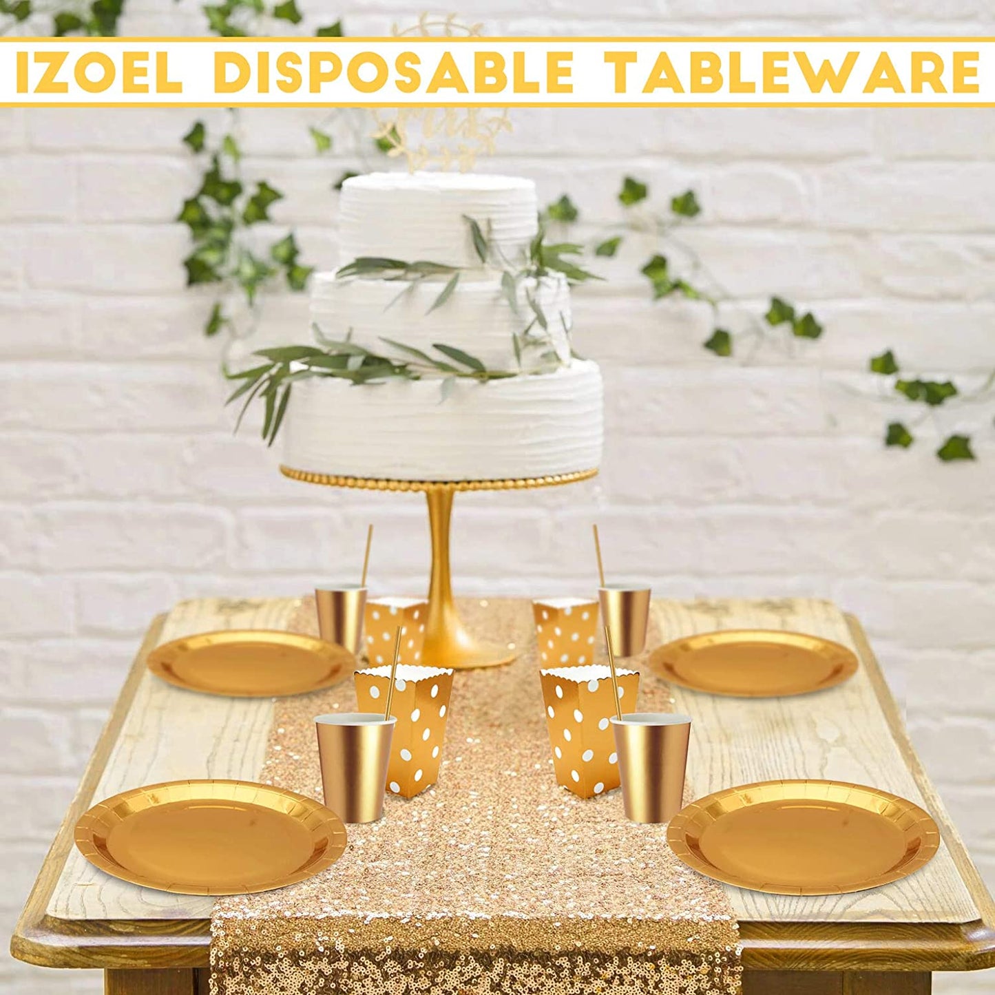 iZoeL Gold Party Tableware Gold Dinnerware Foil Tablecloth Paper Plates Napkins Popcorn Boxes Cups Straws Party Supplies for Birthday Bridal Wedding Anniversary 30 Guest
