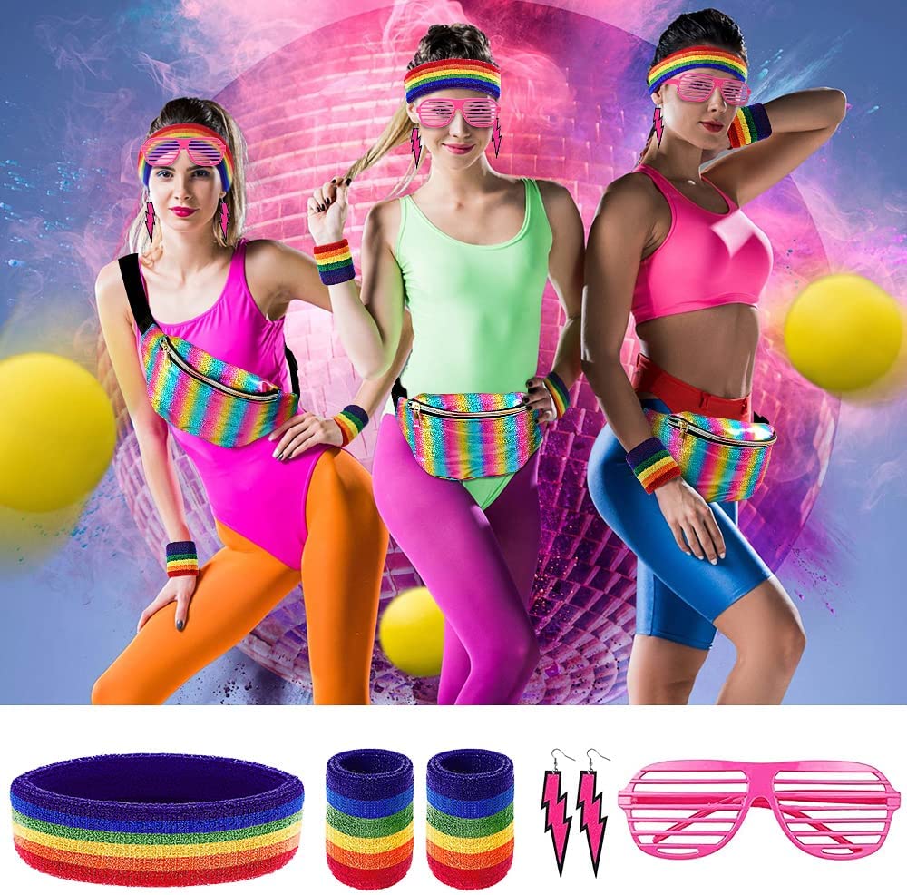 iZoeL 80s Fancy Dress for Women 80s Accessories Halloween Costumes for Kids 80s Outfits for Girls - Waist Packs Headband Wristbands Leg Warmers - Neon 80s Fun Run Teams