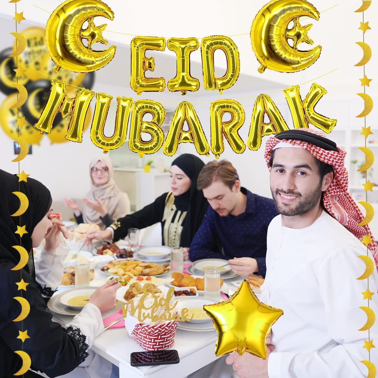 iZoeL EID Mubarak Decorations for Home Eid Decorations UK, Eid Mubarak Balloons Mubarak Banner Eid Cake Topper Moon Star Garland Eid Balloons for Home Restaurant Garden - Black Gold