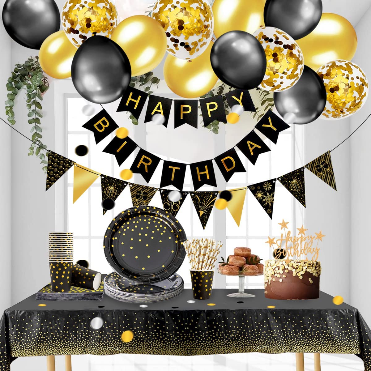 iZoeL Vaisselle Jetable Anniversaire Or Noir, Decoration Anniversaire Homme Femme, 46pcs Arche Ballon anniversaire Nappe Rideau Bruant Serviettes Assiettes Tasses Paille 10g Confettis