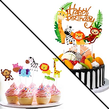 iZoeL Animal Cake Toppers, Animal Cake Decorations, 1pcs Jungle Animal Happy Birthday Banner, 35 Animal Cupcake Topper for Kids Boys Girls Birthday Decor - Zoo Safari Theme Party