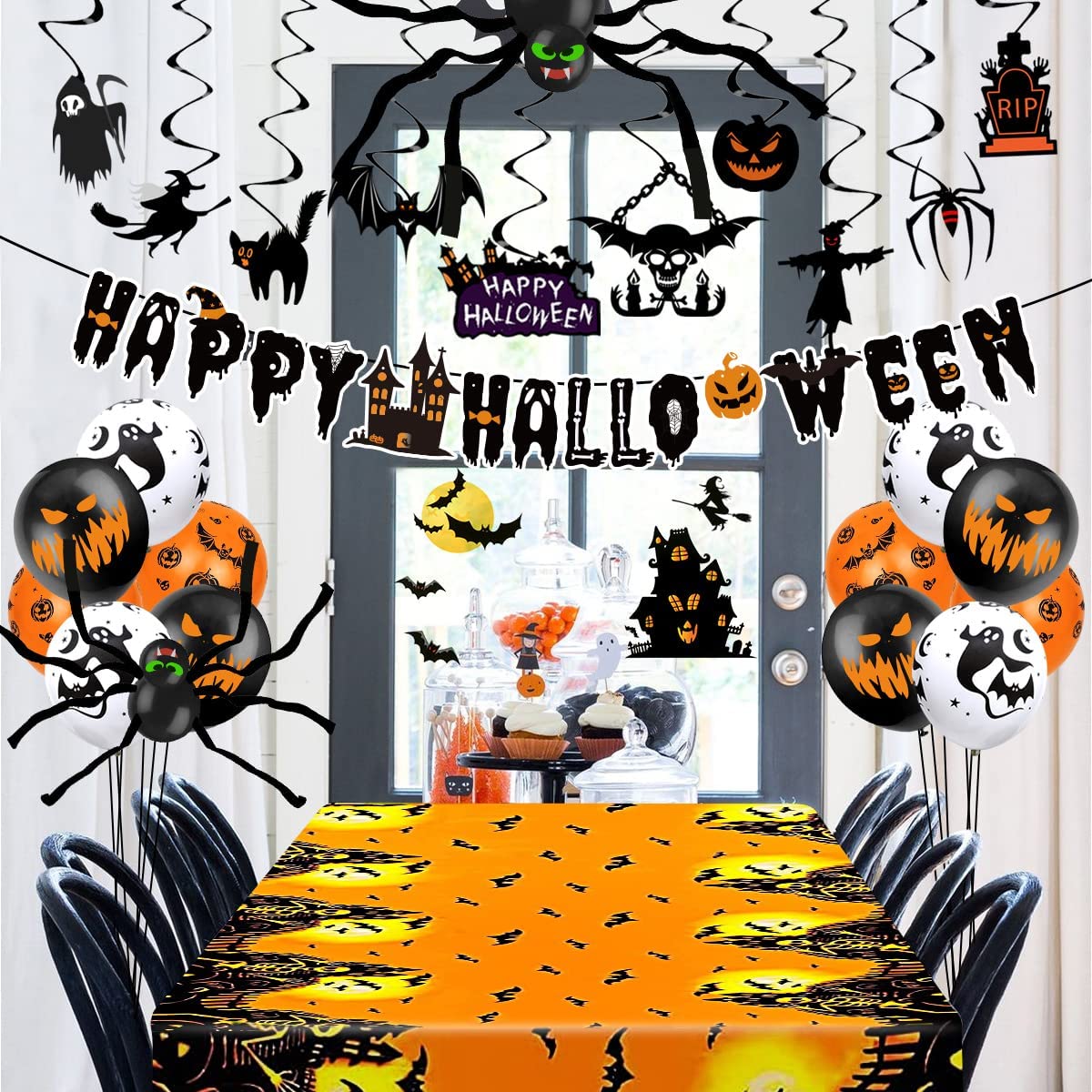 iZoeL Halloween Balloon Party Decoration Pull Flag Spiral Tablecloth Sticker Spider Crepe Paper