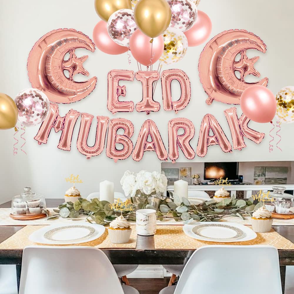 iZoeL EID Mubarak Decorations for Home Eid Decorations UK, Eid Mubarak Balloons Mubarak Banner Eid Cake TopperEid Balloons for Home Restaurant Garden - Rose Gold and Gold (Rose Gold and Gold)
