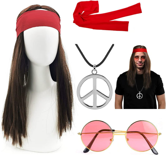 iZoeL Hippie Costumes Halloween Costumes for Men - 4pcs Hippie Wig Sunglasses Peace Necklace Headband -70s Disco Style 60s Outfit 80s Fancy Dress 80s Night Accessories - Retro Men Women