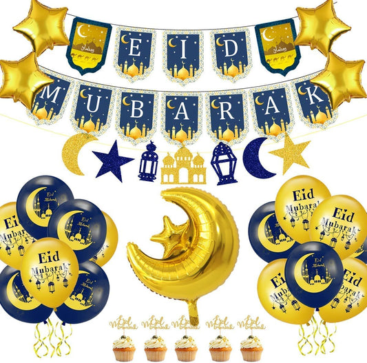 iZoeL Eid Decorations UK with Eid Mubarak Banner, Eid Mubarak Balloons, Eid Mubarak Cake Topper, Eid Mubarak Decorations for Home Set Restaurant Garden - Mubarak UK (blue gold)