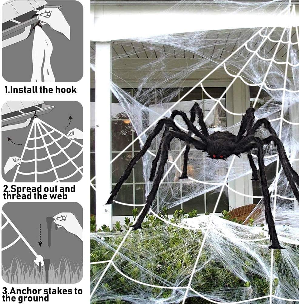 iZoeL Giant Spider 6.6ft - 200cm, Spider Web 23ft - 700cm, 30pcs Plastic Spiders, 30g Cobweb - Halloween Decorations Triangular Cobweb for Indoor Outdoor Home Yard Haunted House (Black, 200)