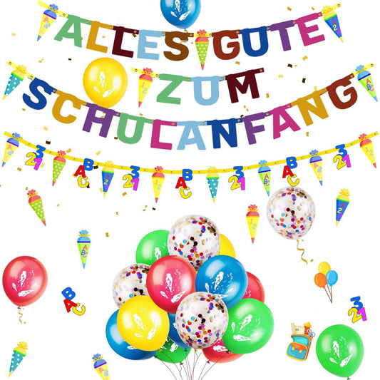 iZoeL Schuleinführung Schulanfang Einschulung Deko Alles Gute Zum Schulanfang Girlande + Schultüte Banner + 15 Luftballon + 123 ABC Konfetti für Junge Mädchen