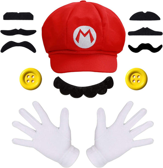 iZoeL Super Mario Costume Kit incl. Mario Red Hat + 2x white gloves + 7x mustache + 2x 5cm buttons for Mario Party Character Games Carnival Costume Decoration Adult Man Women Boy Girl kid