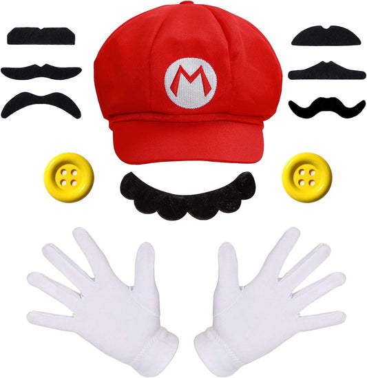 iZoeL Super Mario Costume Kit incl. Mario Red Hat + 2x white gloves + 7x mustache + 2x 5cm buttons for Mario Party Character Games Carnival Costume Decoration Adult Man Women Boy Girl kid