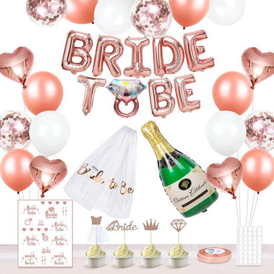iZoeL Hen Party Decoration, Hen Party Accessories, Rose Gold Bride To Be Banner, Bride To Be Veil, Champagne Balloon, Tattoos for Team Bride, Bride Cake Topper, Confetti Balloons for Hen Do Wedding