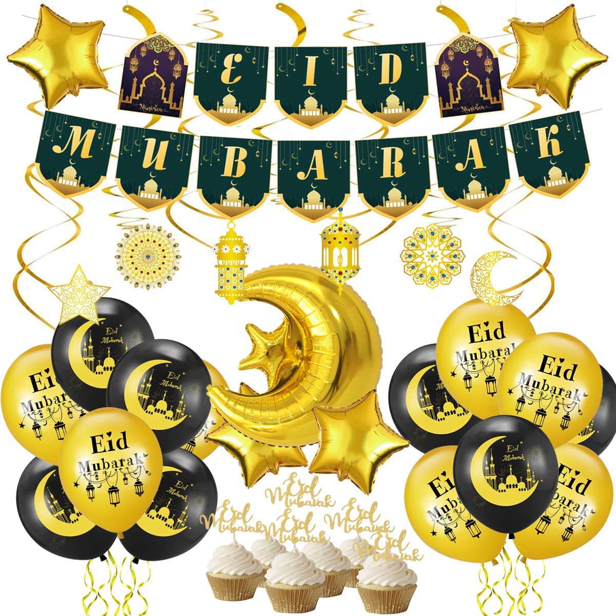 iZoeL EID Mubarak Decorations for Home Eid Decorations UK, Eid Mubarak Balloons Mubarak Banner Eid Cake Topper Moon Star Garland Eid Hanging Swirls for Home Restaurant Garden Decor