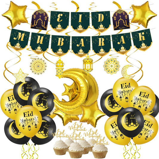 iZoeL EID Mubarak Decorations for Home Eid Decorations UK, Eid Mubarak Balloons Mubarak Banner Eid Cake Topper Moon Star Garland Eid Hanging Swirls for Home Restaurant Garden Decor