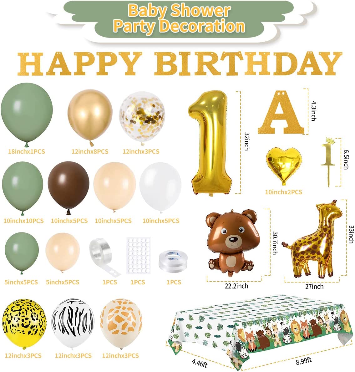 iZoeL 1st Birthday Decorations for Baby Girls Boys 1st Birthday Banner Balloons, Sage Green Balloon Arch Kit, Giraffe Bear Balloons Wild Tablecloth 1st Cake Topper Wild One Animal Birthday Party